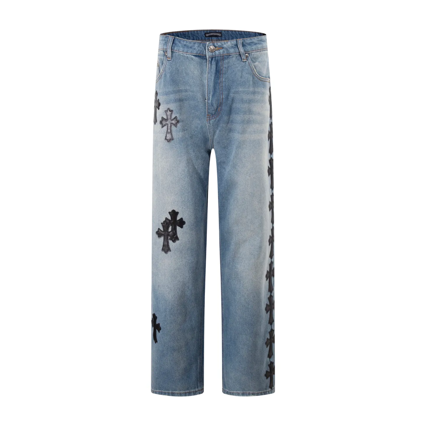 P260 Style No.: H84 Croxin & 𝐂𝐡𝐫𝐨𝐦𝐞 𝐇𝐞𝐚𝐫𝐭 ss25 blue and black leather test jeans. Styles with different washed textures are very friendly to people with thin legs. The slightly flared version perfectly modifies the leg shape. The timeless and moderate length makes it easy to match and match. It is the basis for various styles and is a must-have in your wardrobe! The fabric is stiff but also makes the upper body soft without losing texture. The washing process is even more perfect. It is a must-have item for everyone! ! ! Washed wheat, hang tag, pants label, three labels complete Color: blue Size: 30-32-34-36